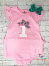 Load image into Gallery viewer, Girls Number Bow Ruffle Bubble Bodysuit