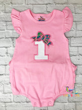 Load image into Gallery viewer, Girls Number Bow Ruffle Bubble Bodysuit
